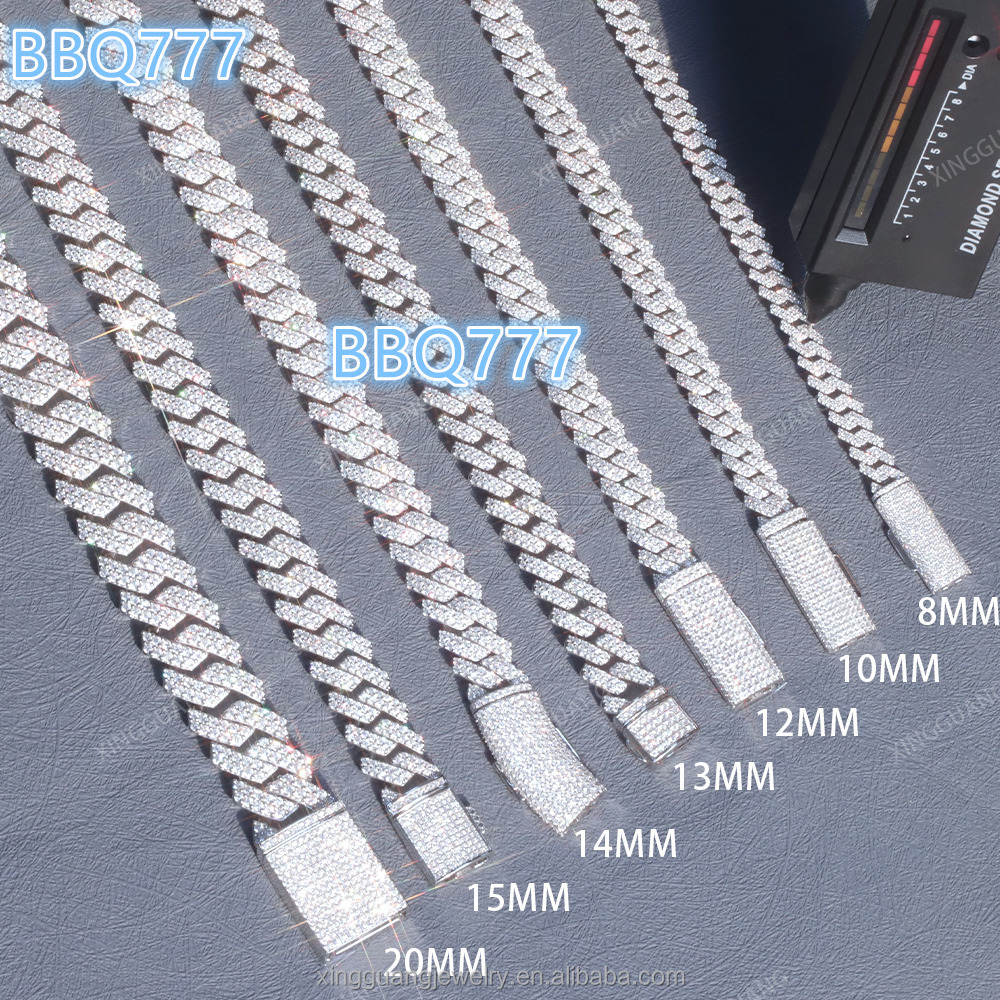 RTS 100% Passed Diamond Test Hot Popular Cuban Link Chain 2rows 8mm to 15mm VVS Moissanite S925 Silver Cuban Hip Hop Necklace