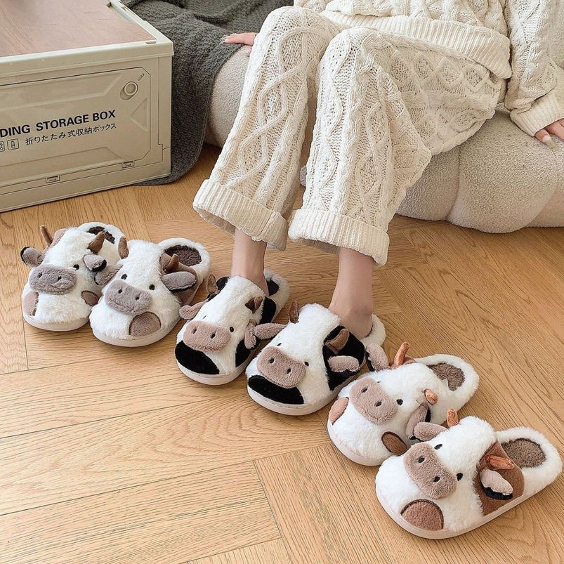 Cow Fur for Women, Autumn and Winter Indoor Cotton Slippers, Home Warm Thick Sole, Thickened Men's Slippers
