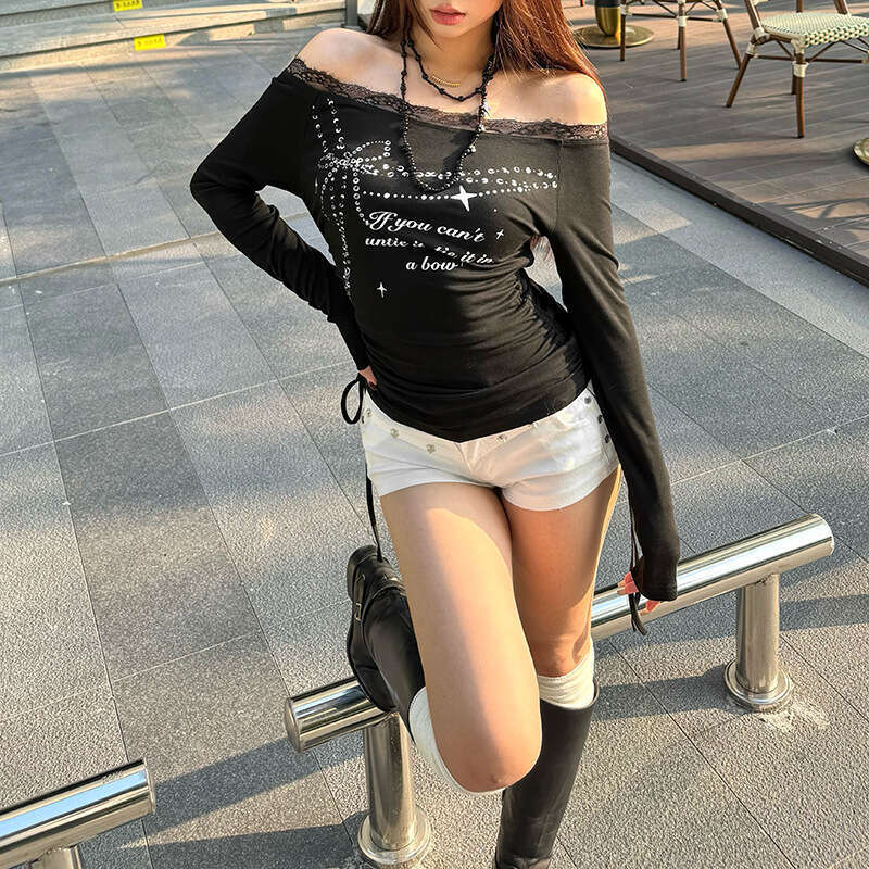 2024 Winter New Fashion Letter Print Long Sleeve Off-Shoulder Lace Trim T-Shirt for Women 586
