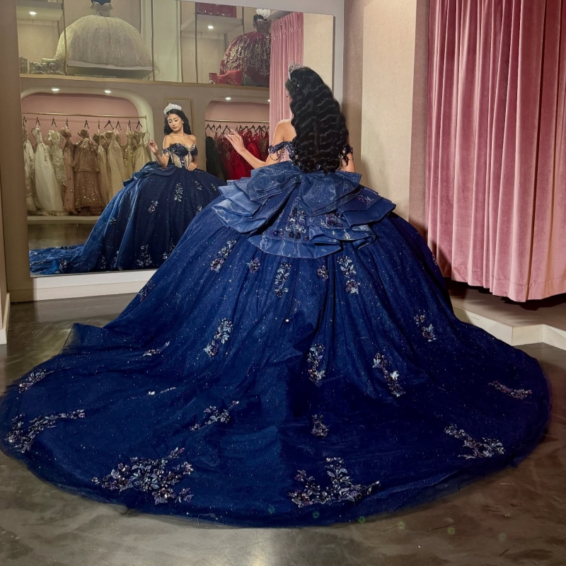 Navy Blue Shiny Quinceanera Dresses Ball Gown Off The Shoulder Applique Lace Beads Bow Party Birthday Sweet 16 Dress Vestidos 15 Vestidos 15 Anos