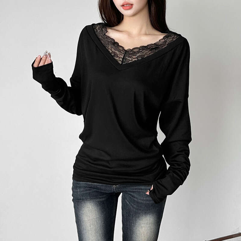2024 Autumn New Women's Solid Color Street Fashion Asymmetrical Neck Long Sleeve Lace Patchwork Top 8b1