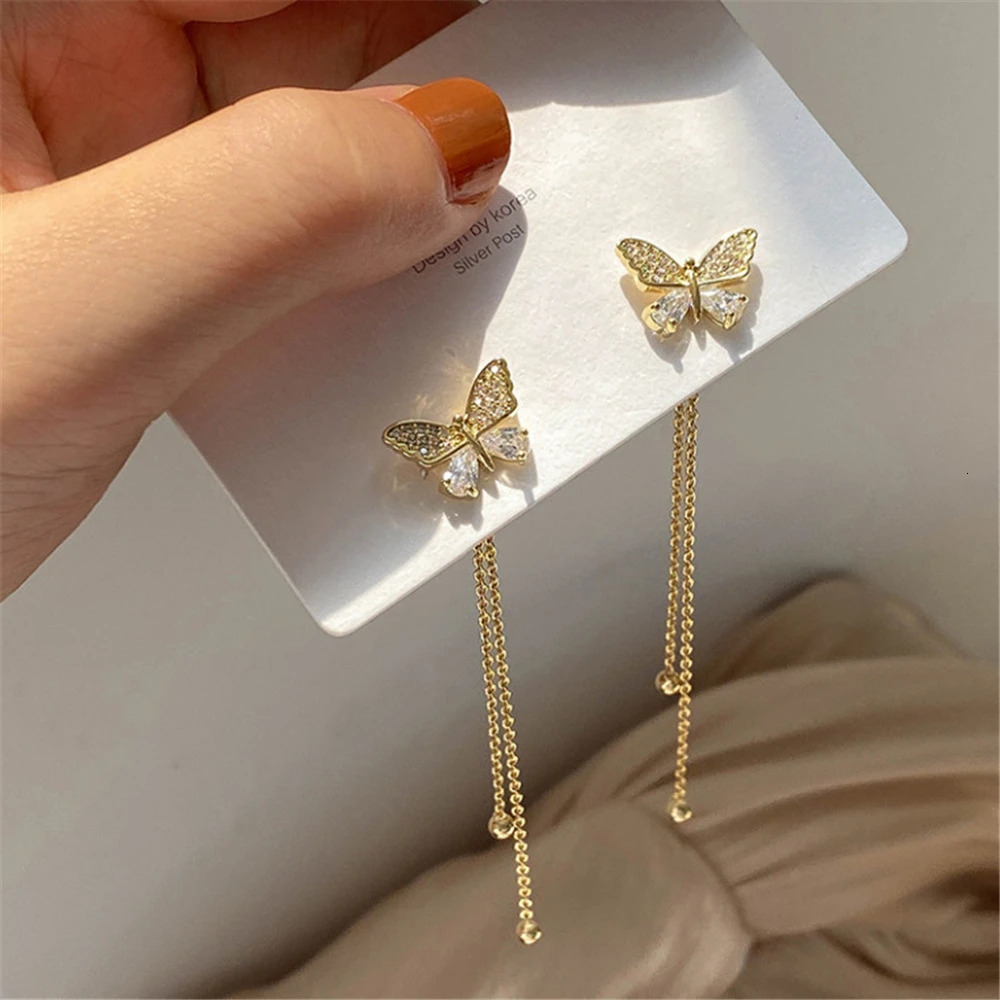 Delicate Gold Color Butterfly Zircon Tassel Earrings Fashion Women Party Jewelry Summer Trend Accessories Valentines Day Gifts 250715