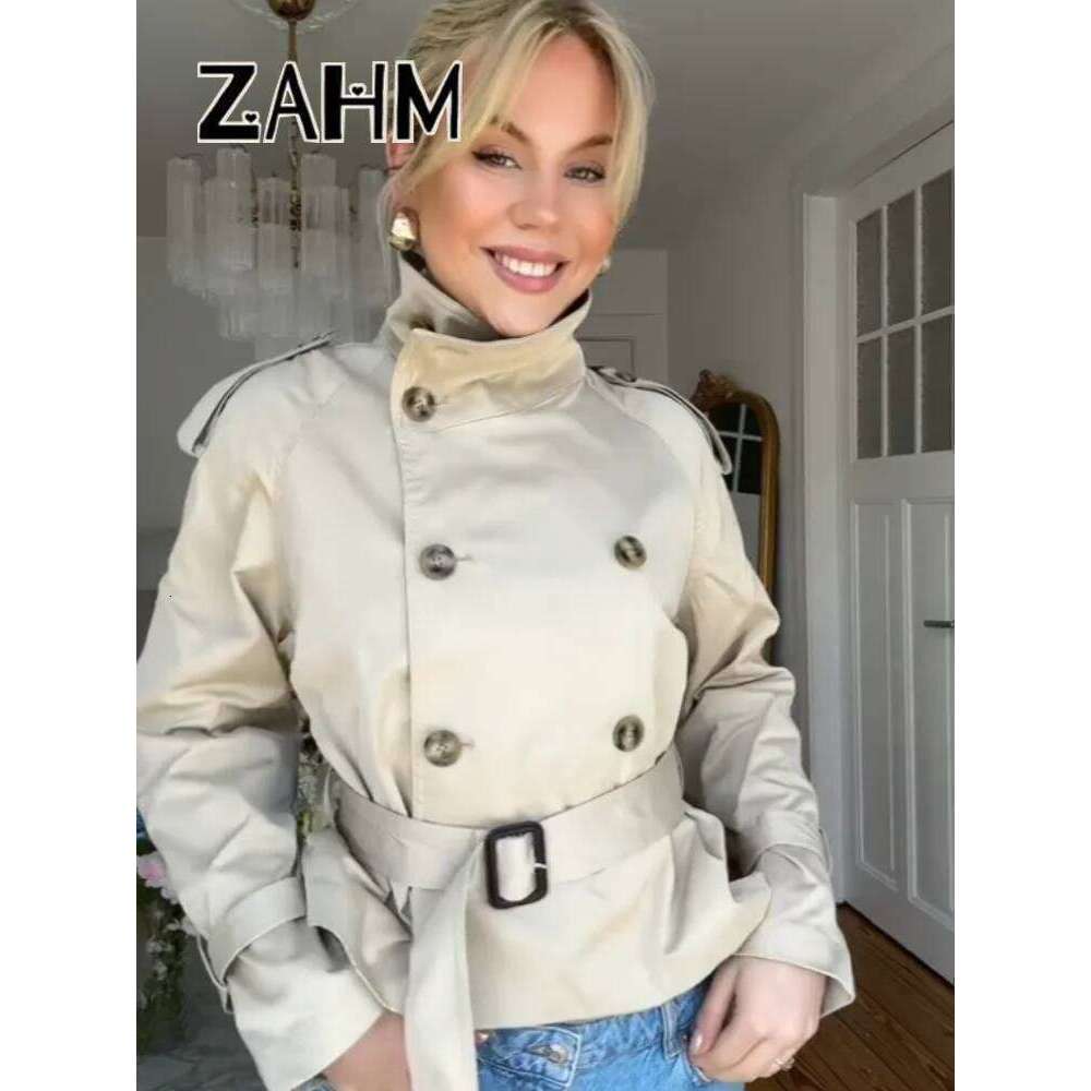 Fashion Women's Short Belt Jackets Long Sleeve Stand Collar Double Breasted Female Coat 2025 Autumn Lady Solid Outwear