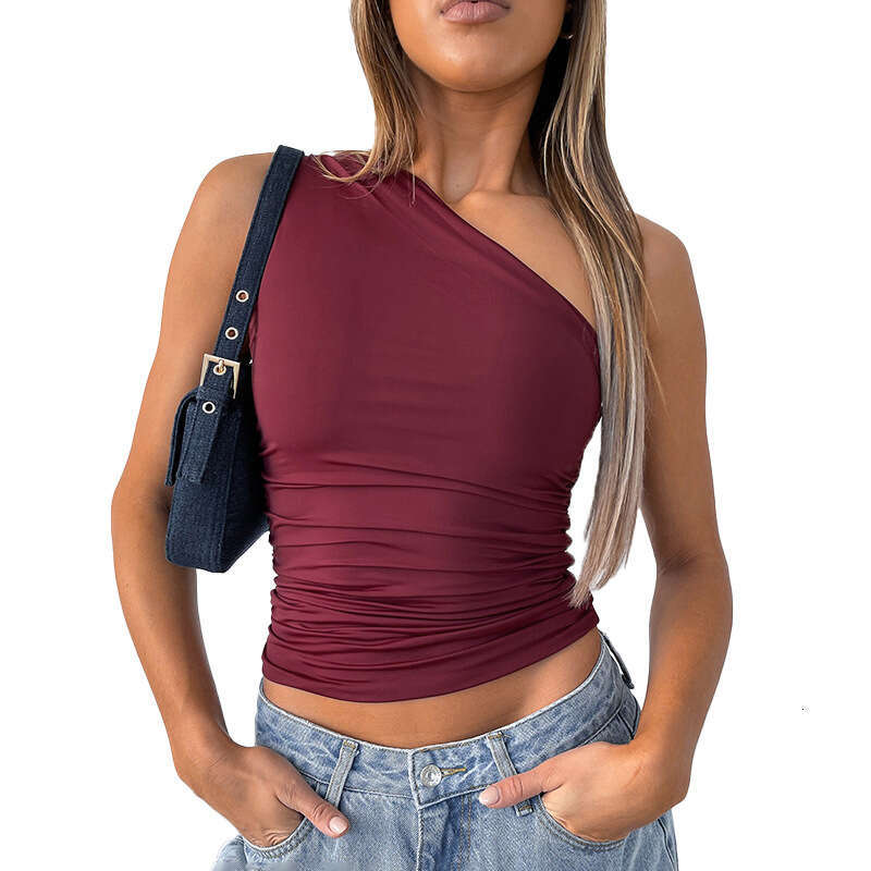 Ytp184 Women's Winter New Solid Color One-Shoulder Backless Ruched Tank Top T-Shirt B5