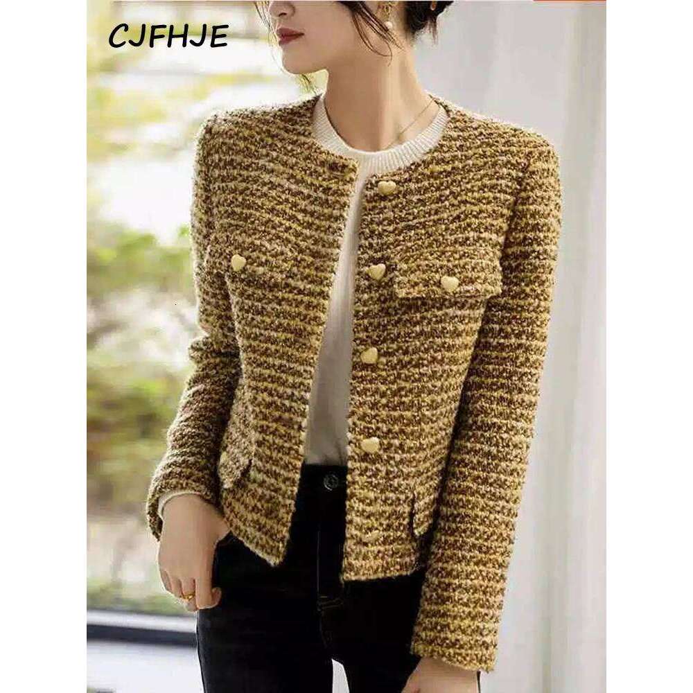 Designer Clothing 2025 CJFHJE Women's Gold Short Woolen Autumn Winter New Korean Fashion Tweed Coat Elegant Retro Female OL Outwear Wool Jacket