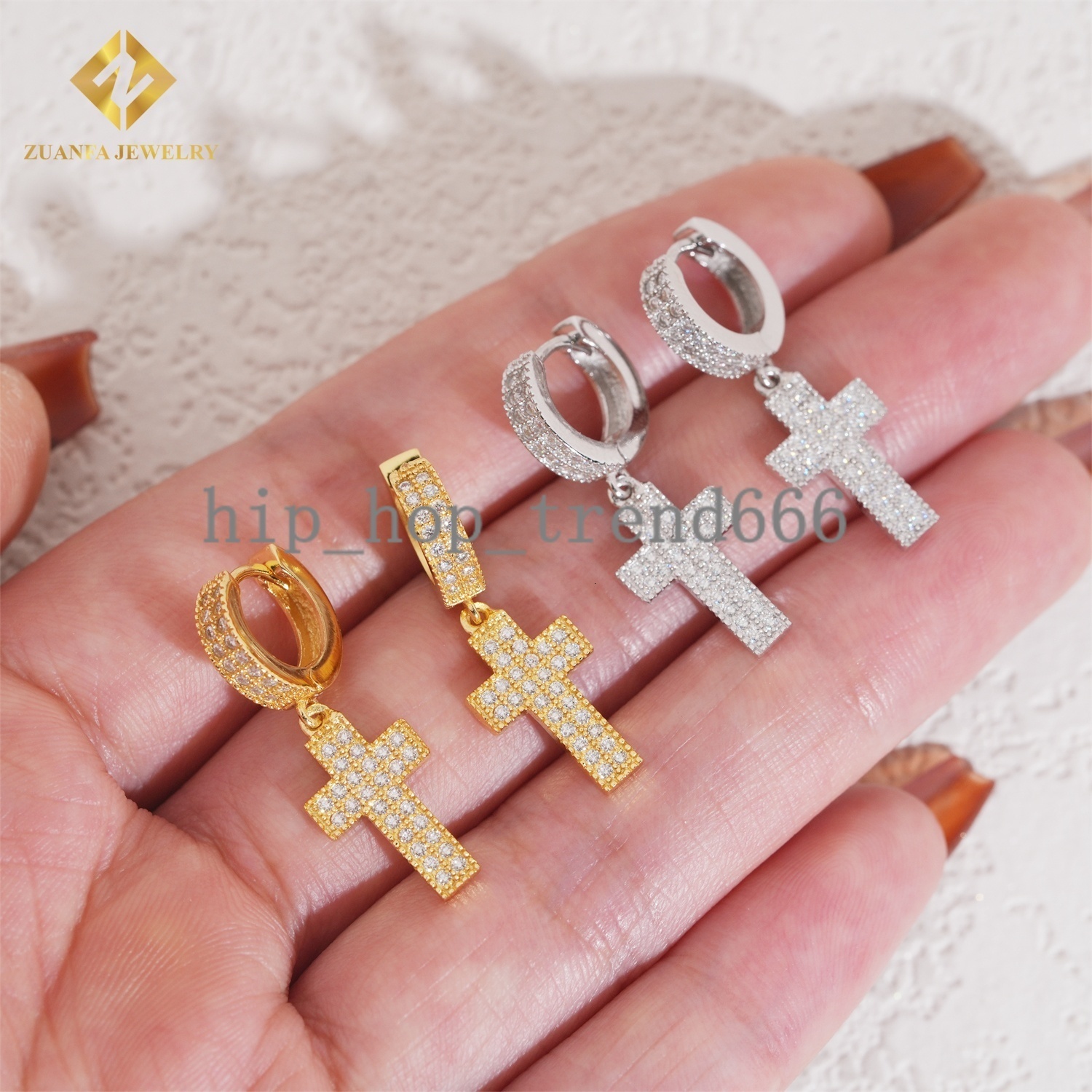Wholesale Mens Drop Earrings Collection D VVS Moissanite Iced Out Diamond Hiphop Jewelry 925 Silver Cross Hoop Earrings