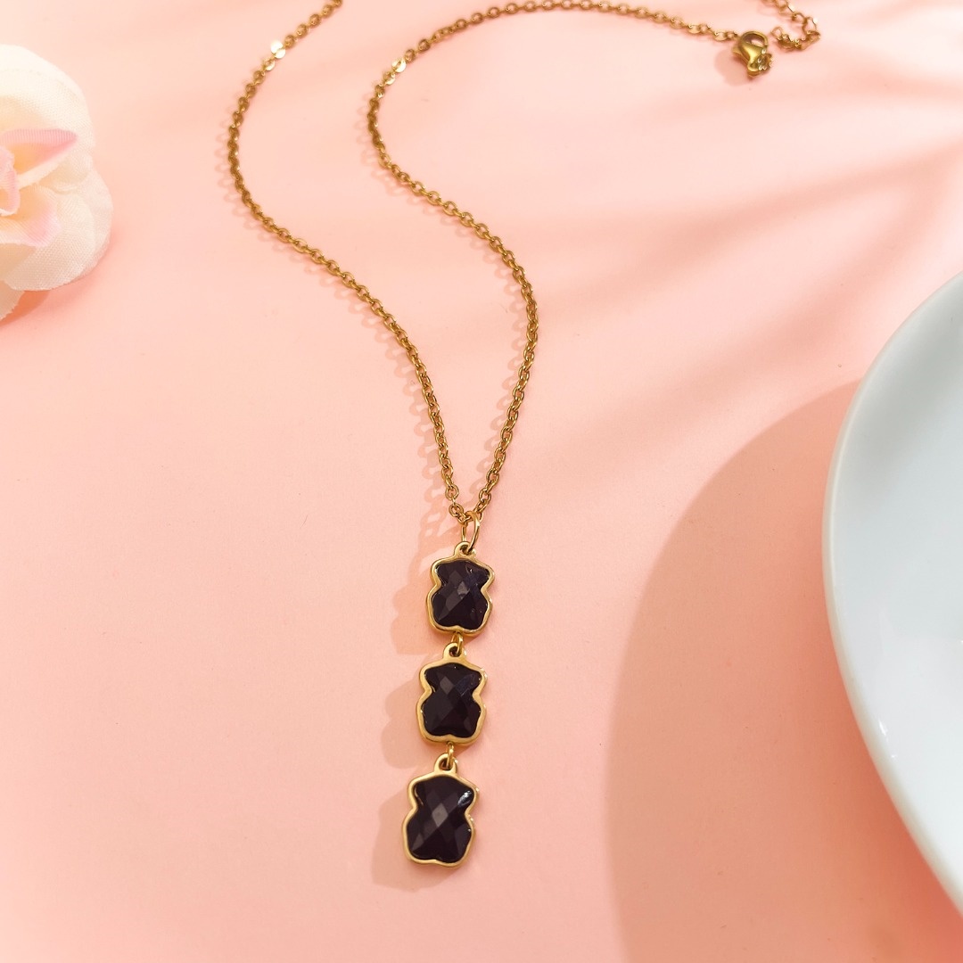 Fashion Women Silver Rose Gold Stainless Steel Bear Black Red White Purple Glass Chain Pendant Necklace Jewelry