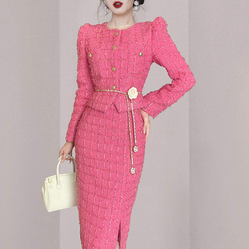 Womens Two Piece Dress Sets With Cinched-Waist Jacket and Mid-Length Body-Hugging Skirt for Women