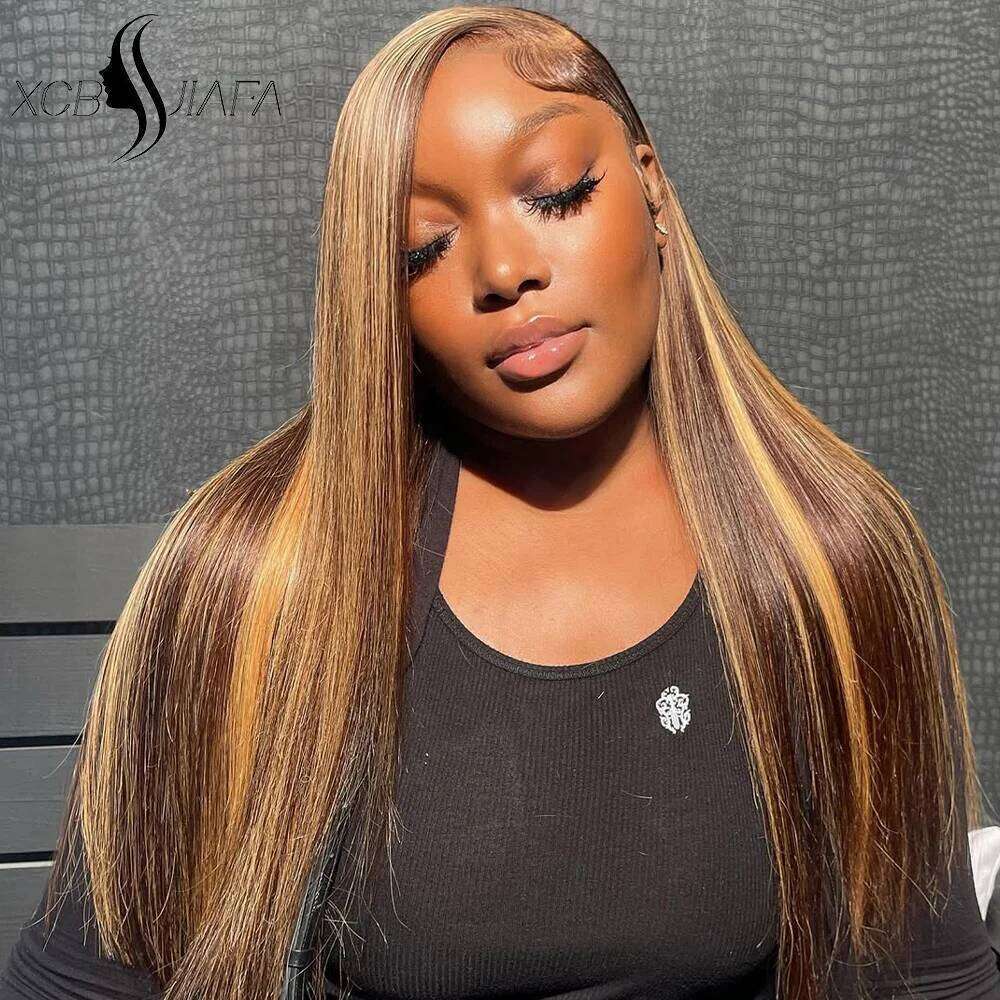 250 Density 13X6 Highlight Ombre Front Wig 4/27 Honey Blonde Human Hair Bone Straight Lace Frontal Wigs For Women