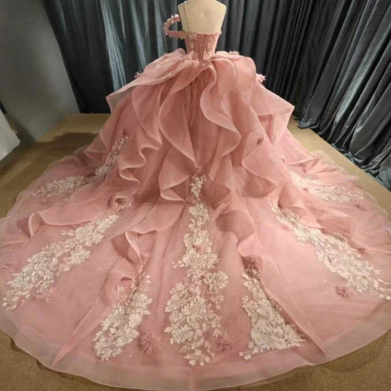 Pink Quinceanera Dresses Off Shoulder Ball Gown Sweet 16 Dress Applique Flower Beading Crystal Tull Birthday Party Vestidos 15 Anos