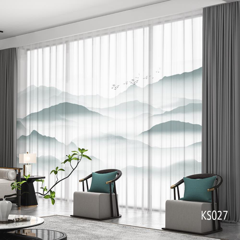 YL-36690 modern new Chinese style ink landscape painting scenery living room study high-end bedroom famous curtain Zen gauze curtain