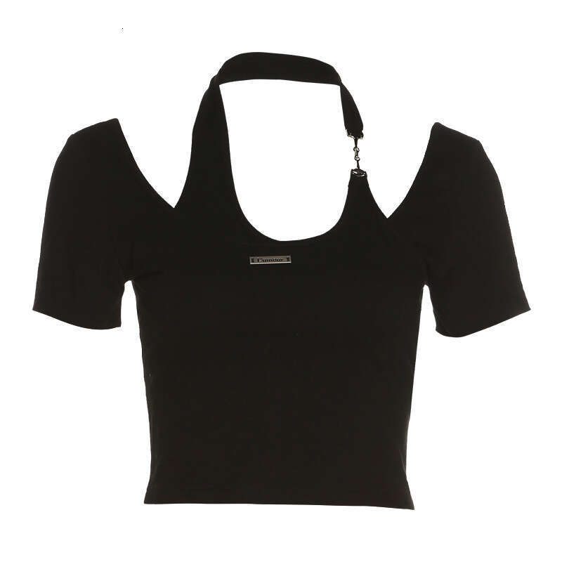 2022 Summer New Women's Solid Color Slim Fit Crop Top Street Fashion Halter Neck Short Sleeve T-Shirt 054
