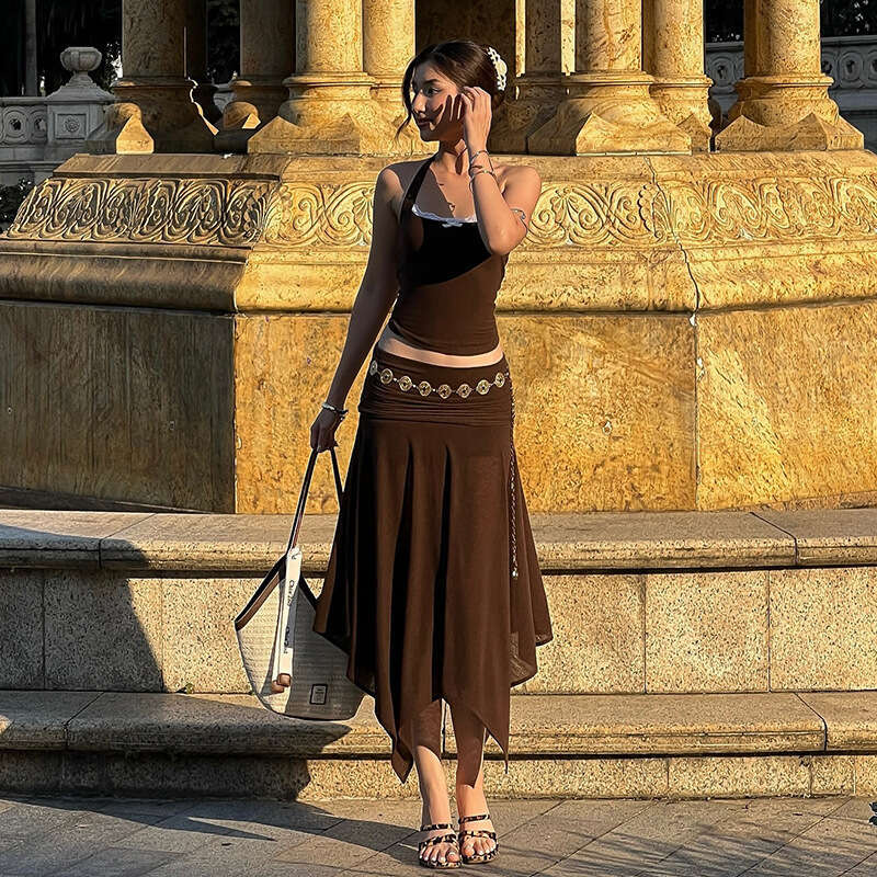 2025 Summer New Fashion Halter Neck Sleeveless Top High Waist Bodycon Skirt Set 6e8