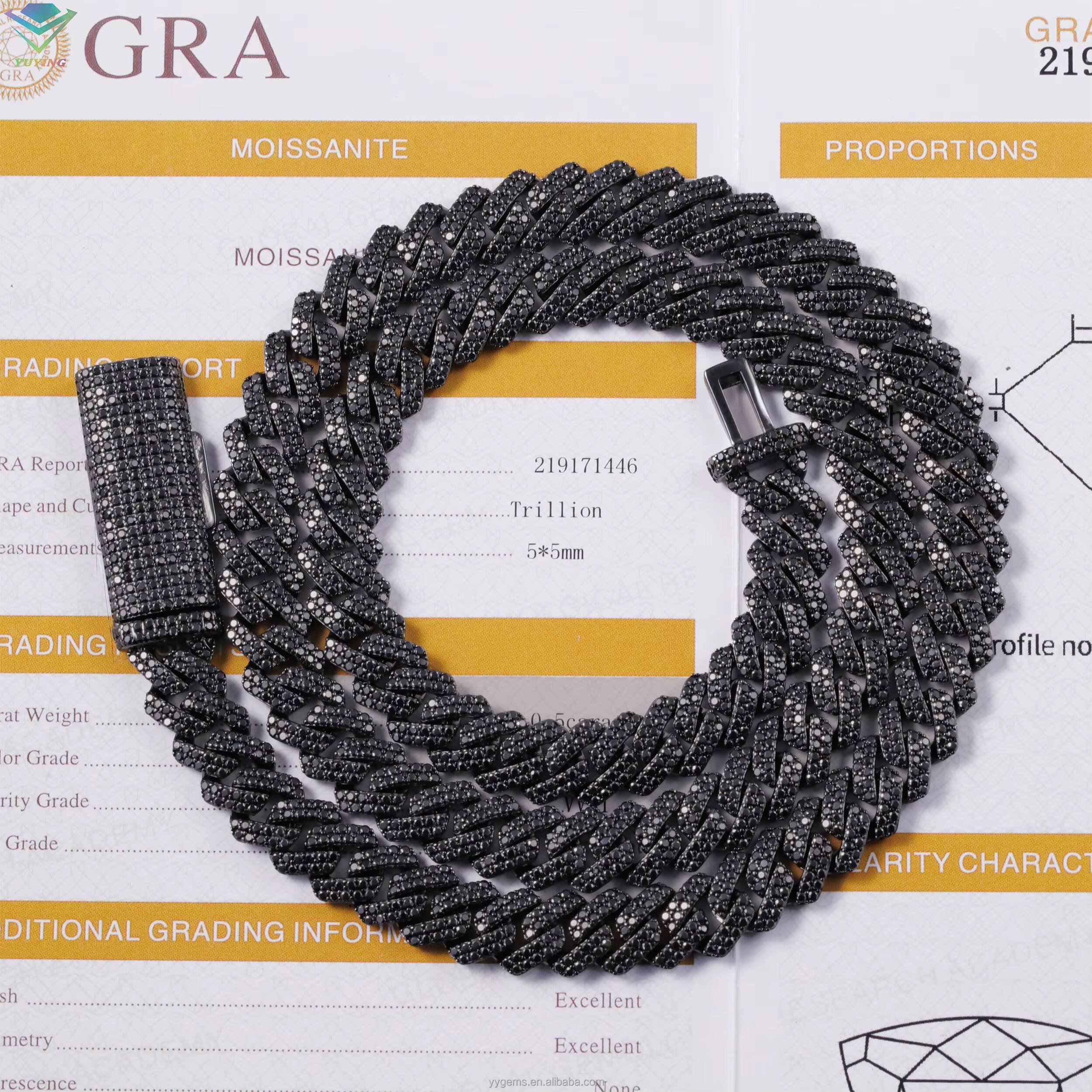 VVS Black Diamond 2rows 10mm 12mm S925 Silver Hip Hop Necklace For Men Black Moissanite Cuban Link Chain For Fashion Jewelry