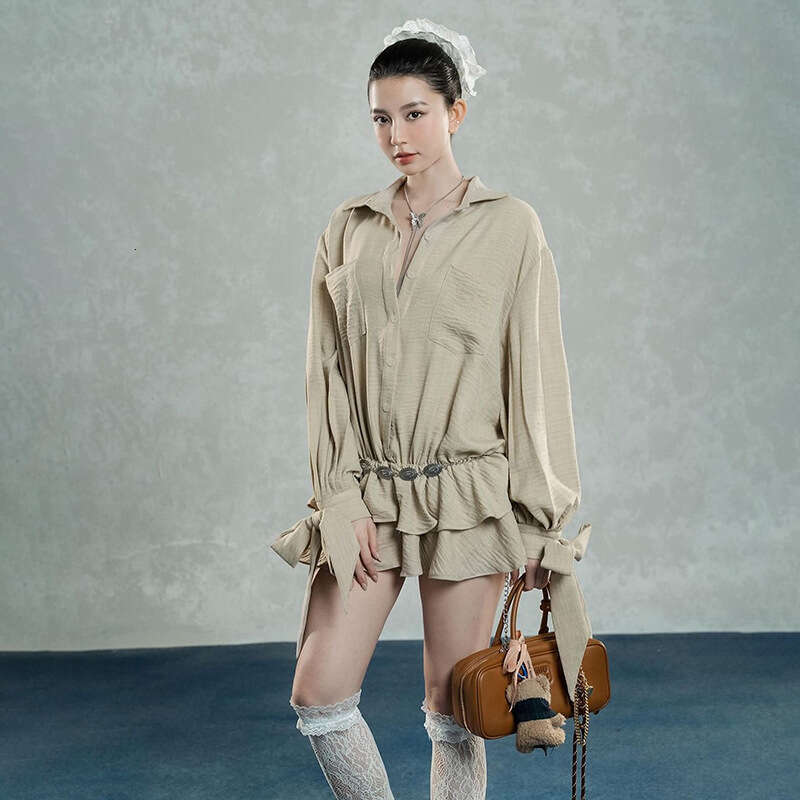 2024 Autumn New Women's Solid Color Loose Street Fashion Low Waist Turn-Down Collar Long Sleeve Dress 55e