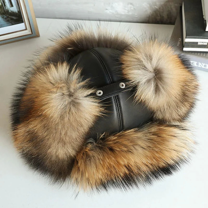 Natural Raccoon Fur Hat Women Black Fox Fur Russian Ushanka Hats Winter Warm Ears Bomber Cap 250724