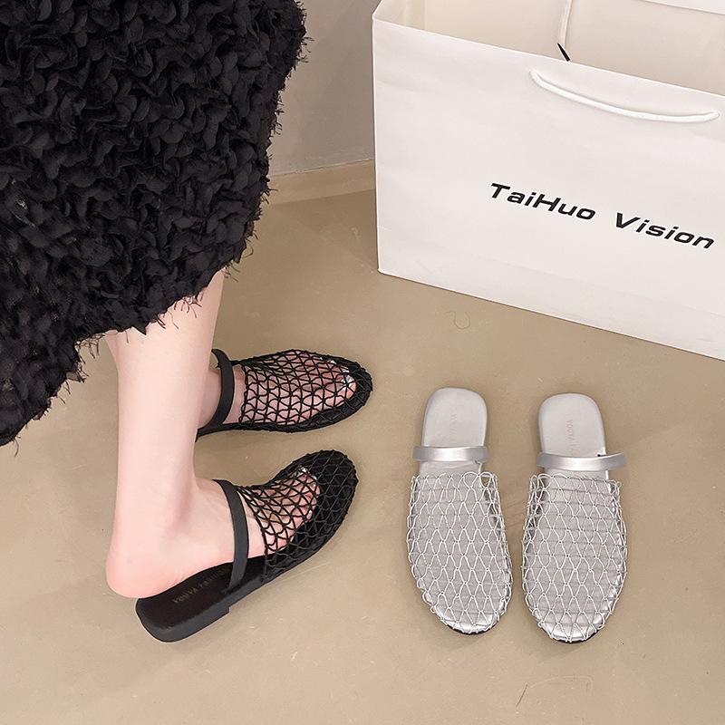 Ddmysports French Style Fishnet Toe Cap Half Slippers For Women Summer Outdoor New Mesh Hollow Woven Roman Sandals Outdoor Shoes