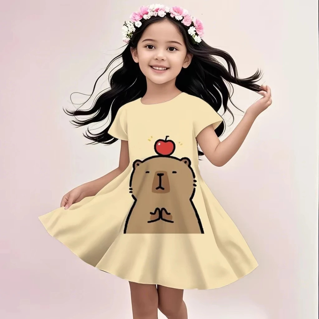 Cute Sunshine Capybaras Summer Round Neck Children Dress Girl Short Sleeve Doll Birthday Gift Princess Dress 250725