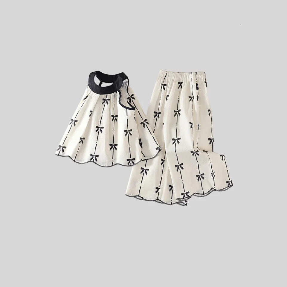 Summer Girls Pure Cotton TwoPiece Set Korean Style Bowknot Sleeveless Halter Top WideLeg Loose Pants 250725