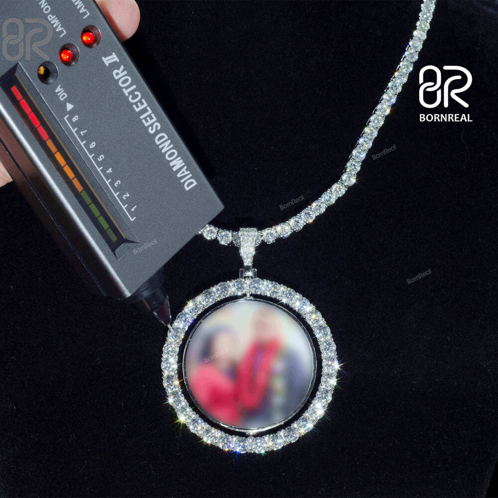 Wholesale Custom VVS Moissanite Rotatable Photo Picture Memory Pendant Iced Out Tennis Chain Circle Pendant Men Women Charm