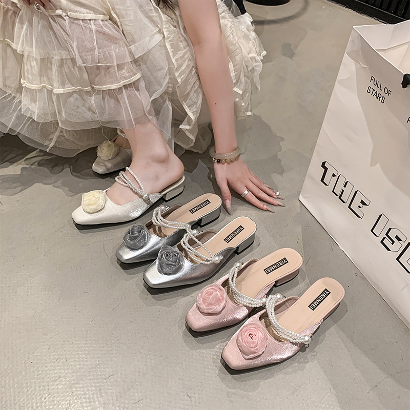 Ddmysports Fairy Style Flower Pearl Sandals For Women Summer Fashion Slip On Closed Toe Outdoor Lightweight Chunky Heel Slippers Outdoor Shoes