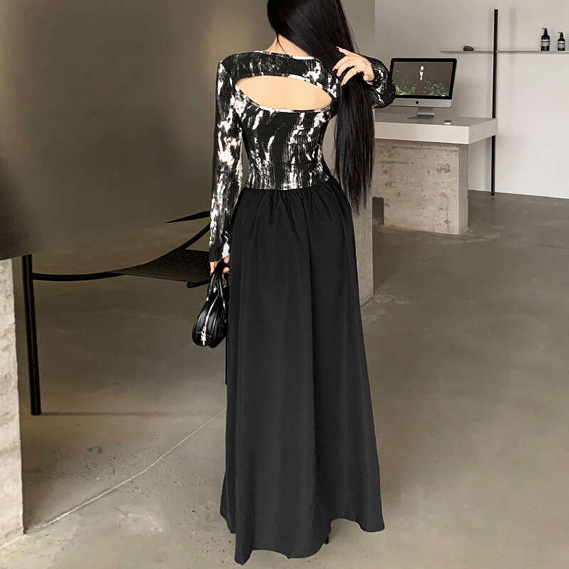 2023 Autumn New Women's Solid Color Slim High Waist Fashion V-neck Long Sleeve Backless Dress def