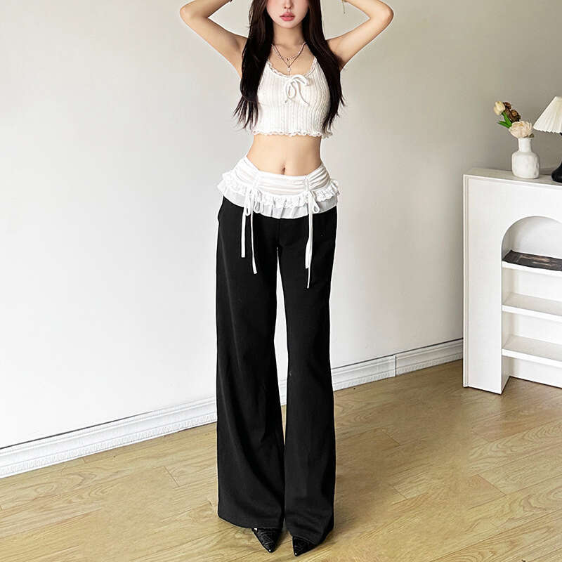 2024 Summer New Women's Street Fashion High Waist Patchwork Tie Casual Straight Pants 773