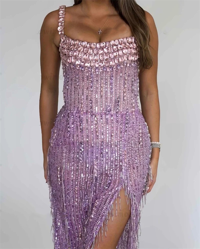 Gorgeous Evening Dresses For Women Square Neck Sleeveless Gown Split Side Crystal Sequins Tassel Dress Party Customized Dress