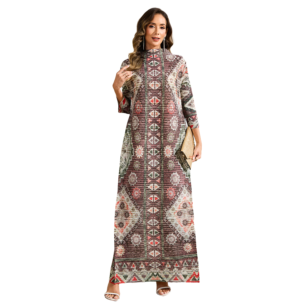 Ethnic Clothing Dress Arab Style Women's Loose-Fit Long-Sleeve Dress with Print NZ016