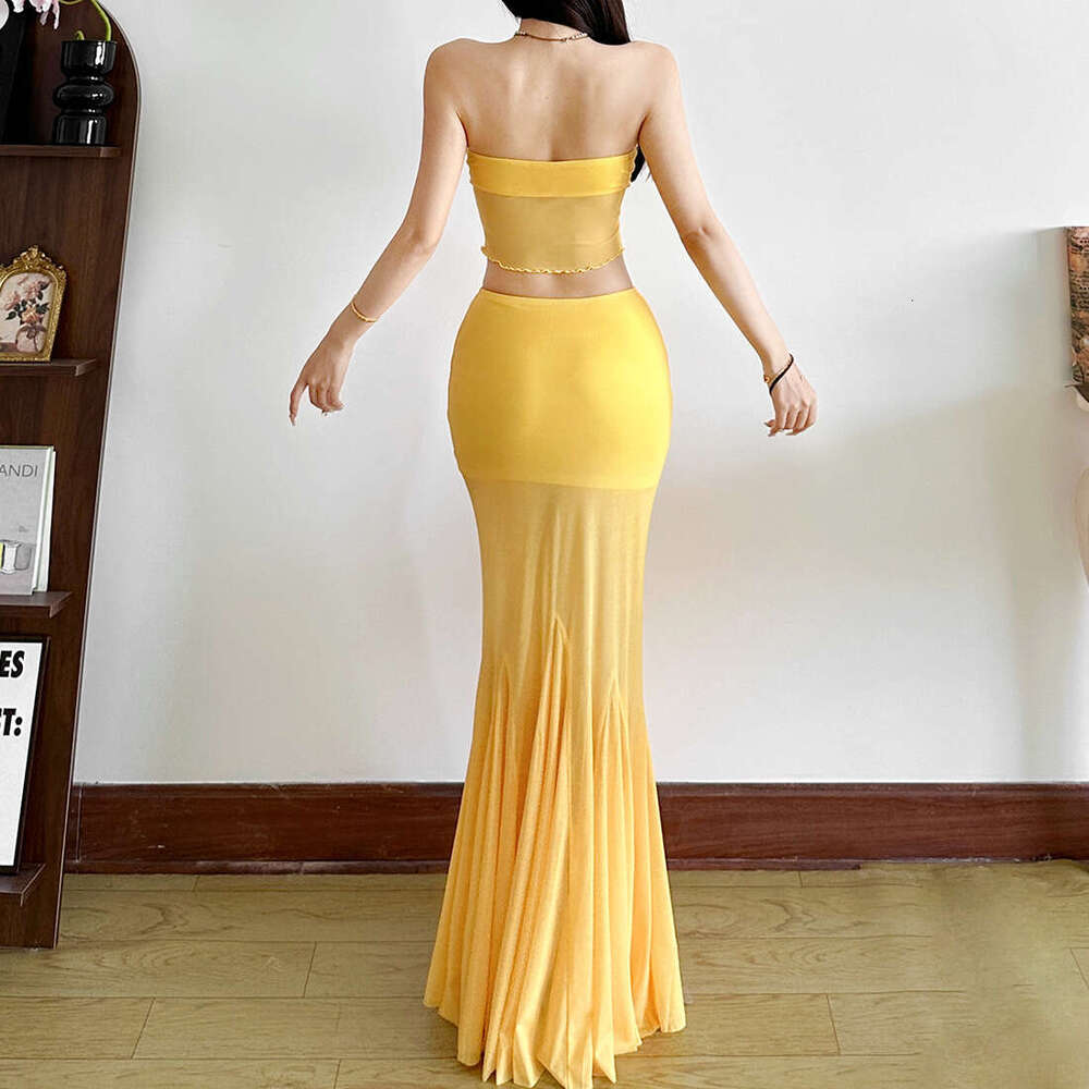 2025 Summer New Vacation Versatile Strapless Slim Top High Waist Elegant Bodycon Skirt for Women 04e