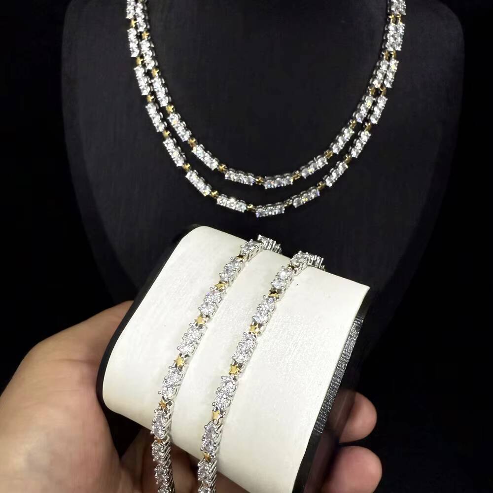 Bling Fashion Women Jewelry Set Full Paved 5A CZ High Polished Two Tone Plated Star Tennis Chain Necklace Bracelet