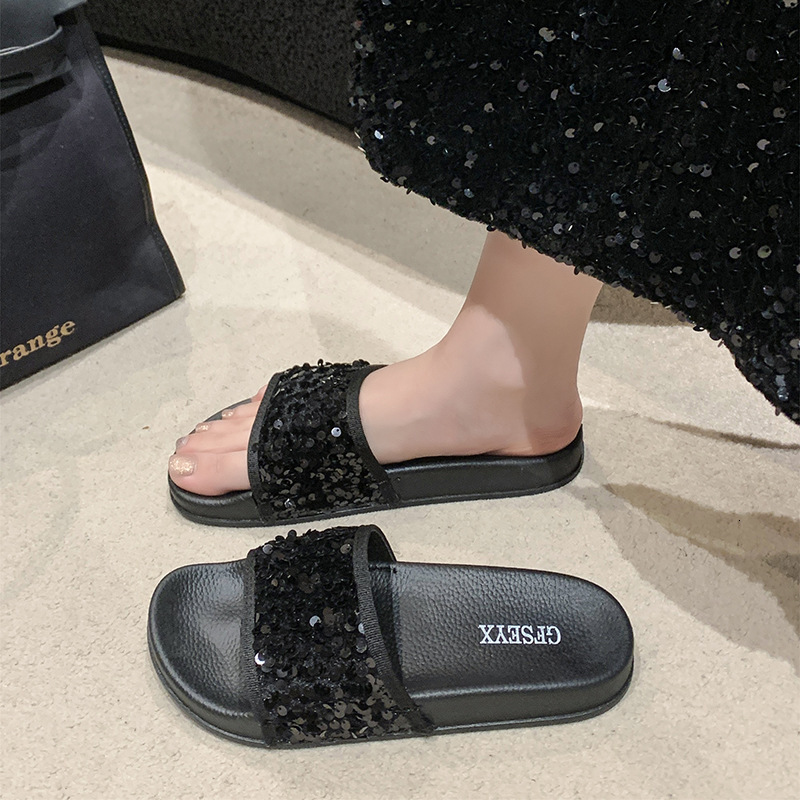 Ddmysports New Women S Summer Fashion Sequin Thick Soled Height Increasing Beach Non Slip Platform Slide Sandals Outdoor Shoes