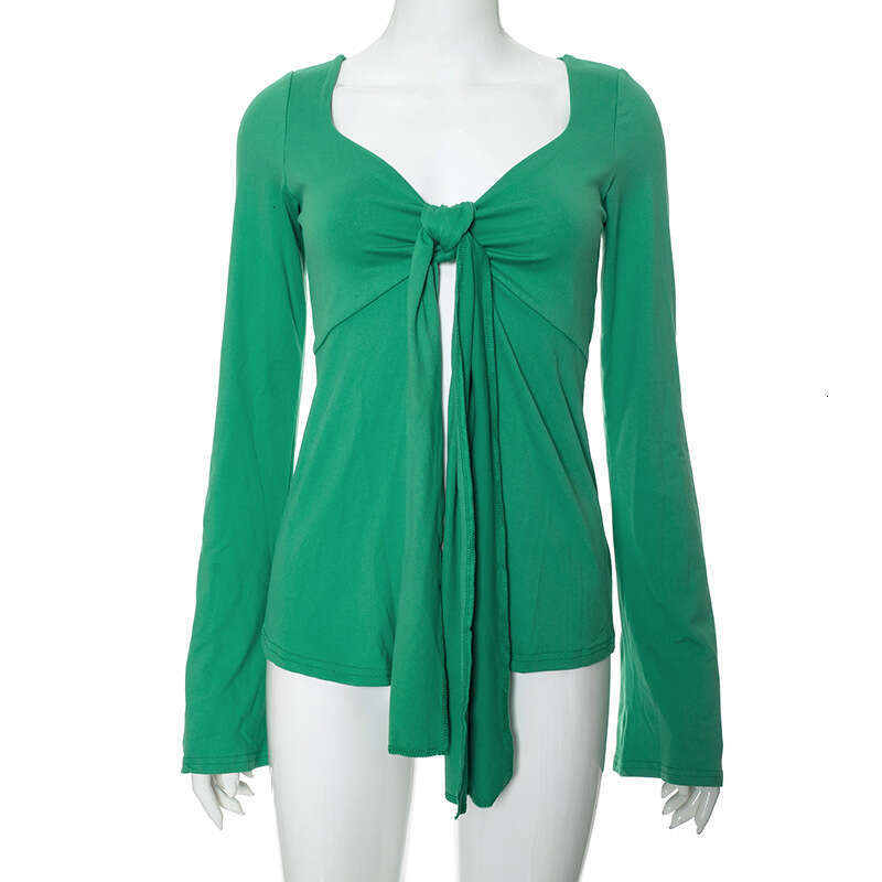 Q23tp671 Women's Autumn New Solid Color Twist Bell Sleeve Split Cropped Top T-Shirt B5