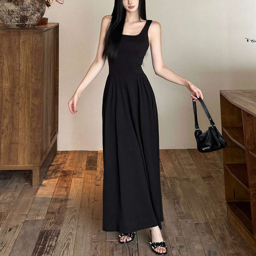 2025 Summer New French Style Elegant Square Neck Waist-Cinching Slim Fit Fashion Casual Sleeveless Long Dress 074