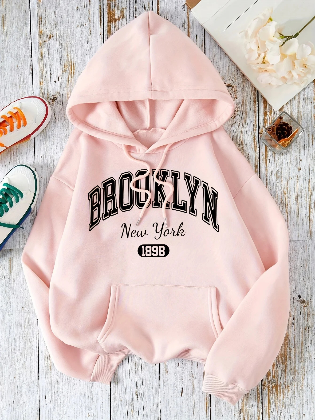 Brooklyn York 1898 Hoodie Sweatshirt Casual Polyester Hooded Pullover with Drawstring Alphabet Pattern 250725