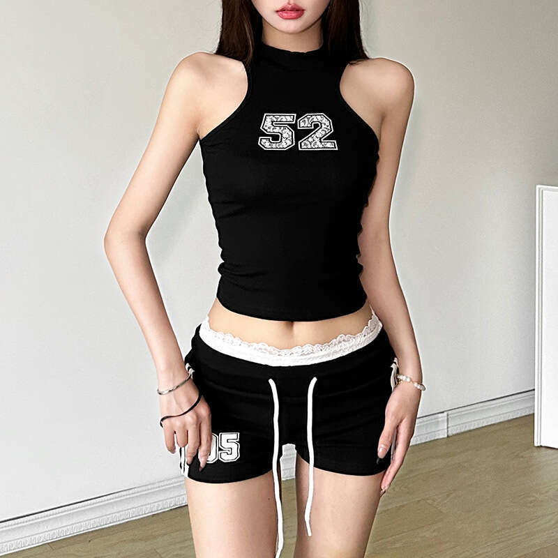 2024 Summer New Women's Solid Color Round Neck Sleeveless Top Fashion Low Waist Shorts Set for Women 05f