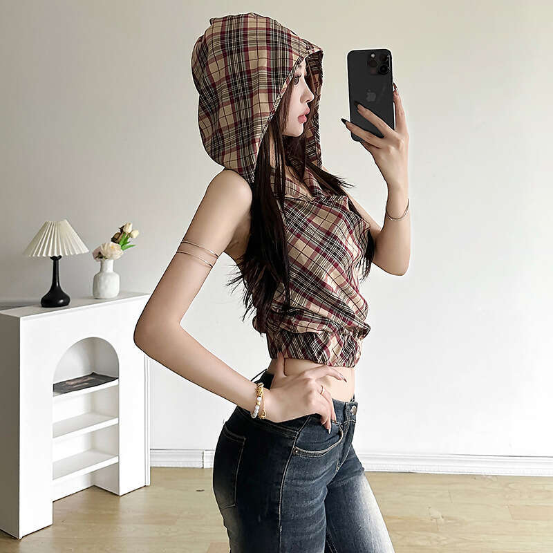 2024 Summer New Women's Solid Color Slim Street Fashion Hooded Sleeveless Backless Top d51