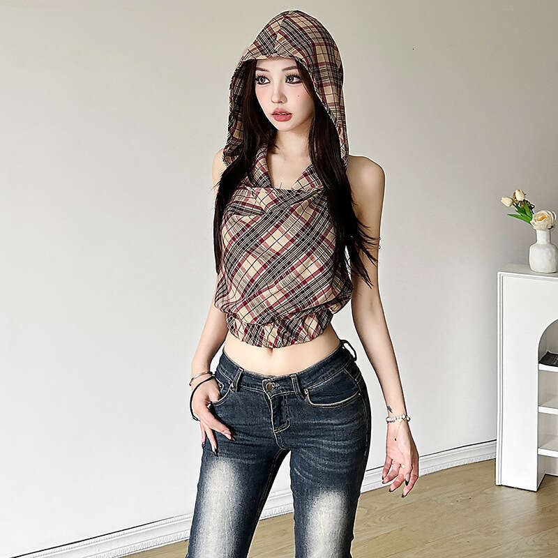 2024 Summer New Women's Solid Color Slim Street Fashion Hooded Sleeveless Backless Top d51