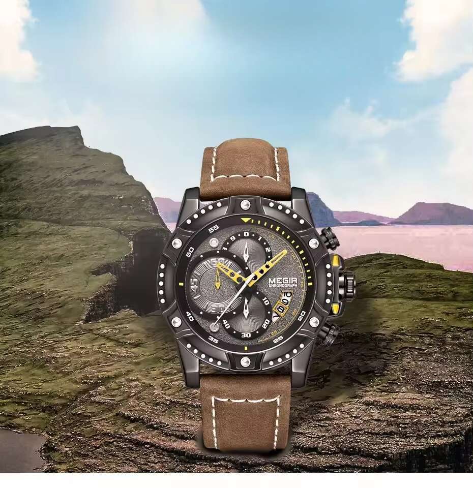 DHgargets MEGIR Men's Sports Watch - 55mm Big Face, Luminous, 30M Waterproof, Leather Strap, Quartz Chronograph Wristwatch