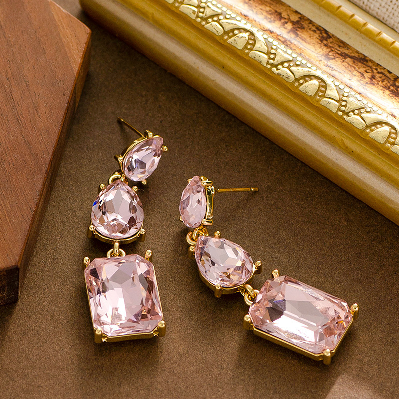 Fashion Geometric Square Crystal Tassel Light High-end Feel Slimming for Round Face Sier Needle Earrings
