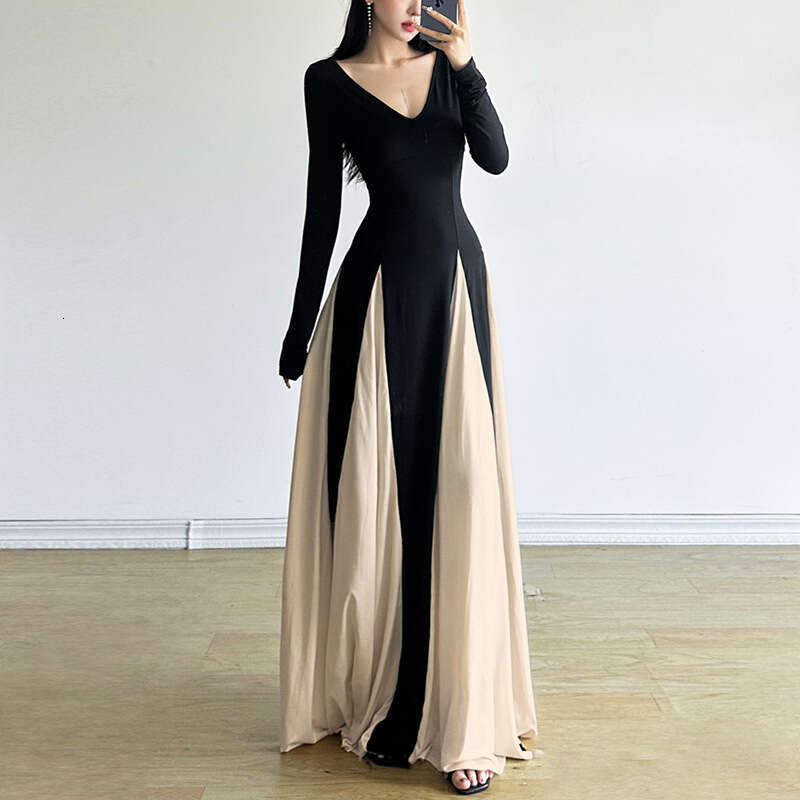2024 Autumn New Women's Fashion Color-Block V-Neck Slim Fit Patchwork Dress d8f