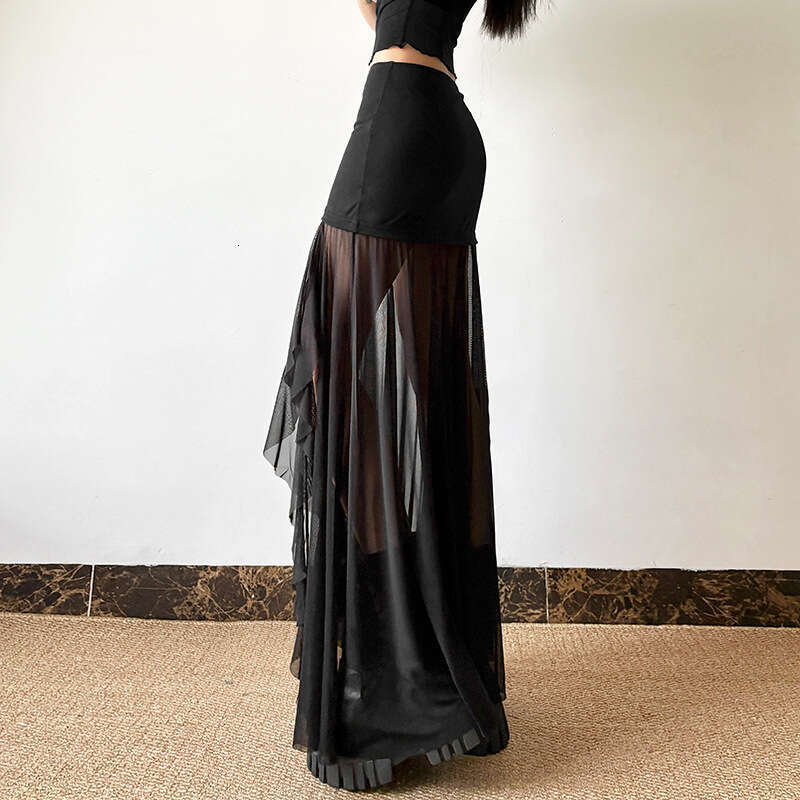 2024 Spring New Women's Solid Color Sexy High Waist Mesh Patchwork Skirt 163