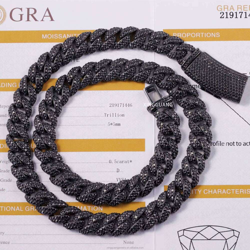 Pass Dia Tester 13mm Gold Plated Hip Hop Cuban Link Sier Full Iced Out Black Moissanite Chains Necklace