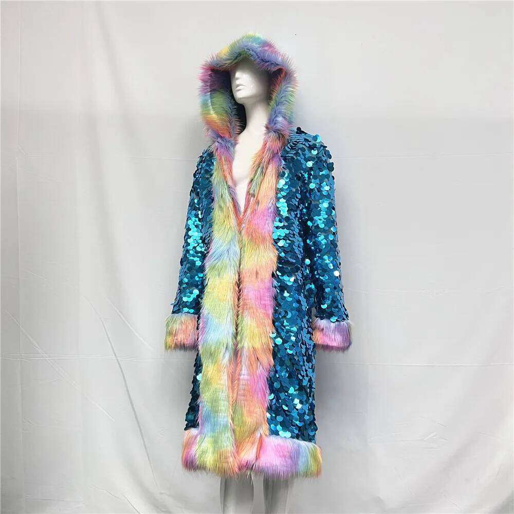 New Fashion Cute Women Colorful Faux Fox Fur Rainbow Sequined Hood Nightclub Long Coat Jacket Stage Party Costumes