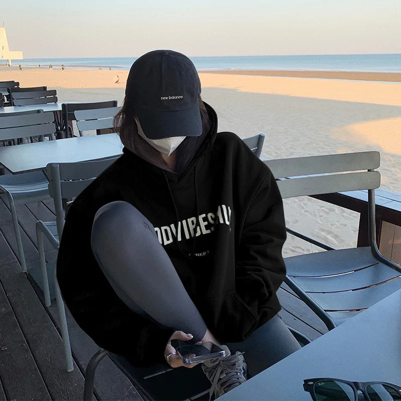 Autumn Fleece Hoodie Solid Color Letter Hooded Korean Fashion Sweatshirts Long Sleeve Top Drawstring Pockets Loose Hoodies 250725