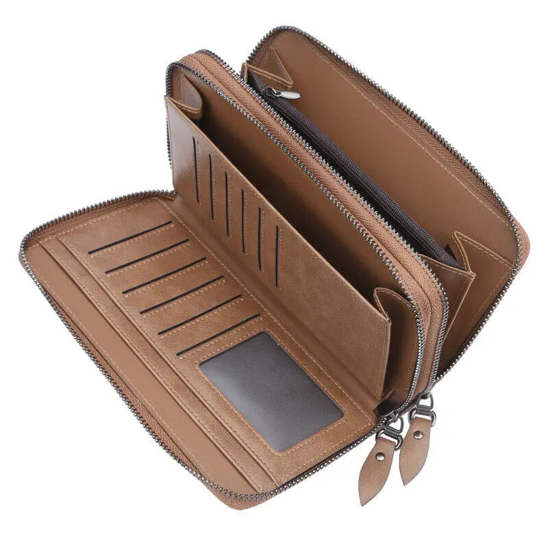 Mens Double Zipper Wallet Card Holder Clutch Purse Checkbook Cell Phone Handbag Long Organizer Bag With Wristlet 250723