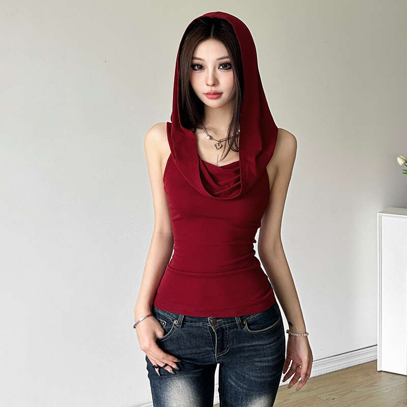 2024 Summer New Women's Solid Color Slim Fit Street Fashion Hooded Sleeveless Top 7cf