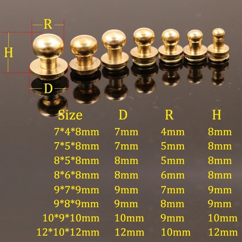 10pcs Solid brass sam brown browne button screw back Round head ball post studs nail rivets leather craft accessory 250723