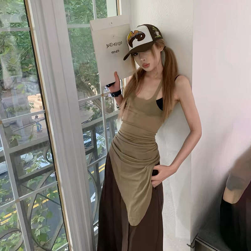 2024 Spring New Women's Solid Color Slim Street Fashion U-Neck Strap Mid-Length Vest 8ed