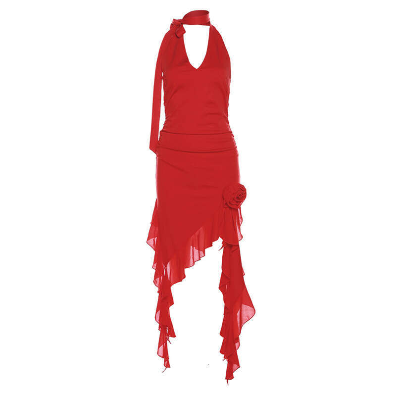 2023 Summer New Women's Solid Color Slim High Waist Fashion V-neck Halter Backless Dress e8d
